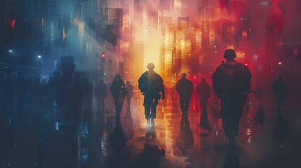 A haunting visual of ethereal soldiers marching through a contemporary metropolis for Memorial Day tribute. - obrazy, fototapety, plakaty