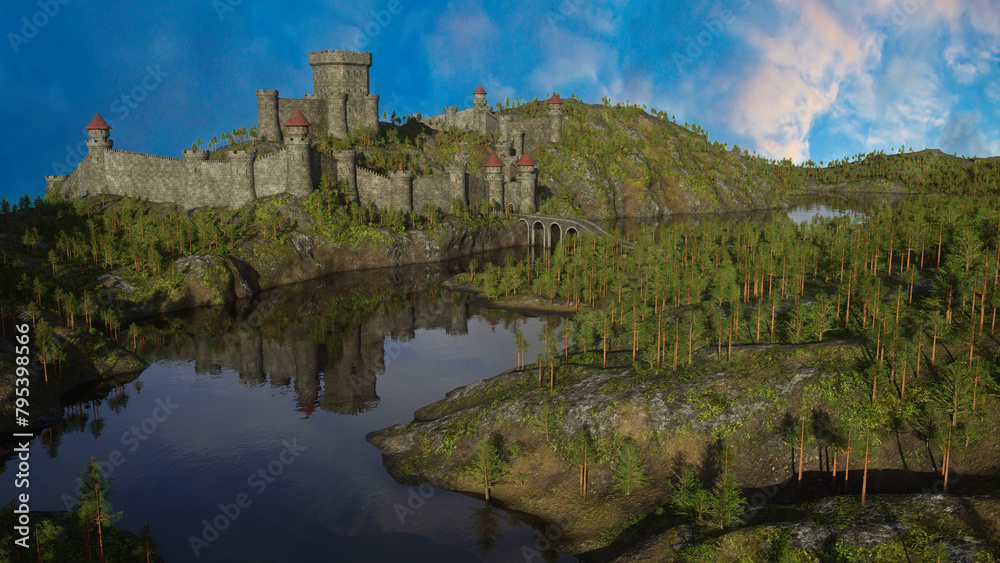 Poster medieval castle built on a hill in a forest landscape with a bridge over a large lake leading to the