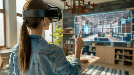 Woman interacts with a virtual interface via VR headset