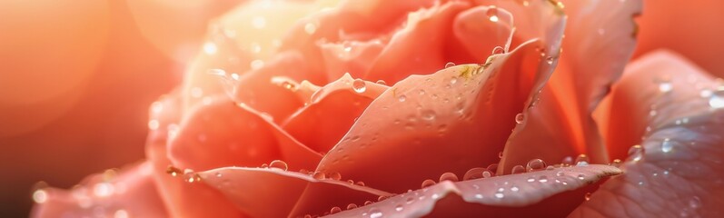 Close up of a pink rose with water droplets. Banner