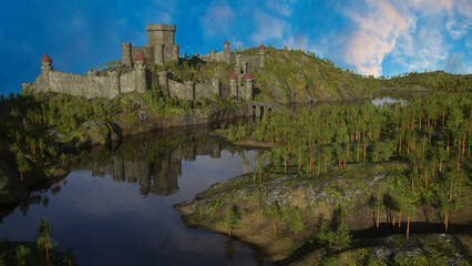 Medieval castle built on a hill in a forest landscape with a bridge over a large lake leading to the entrance. 3D render.