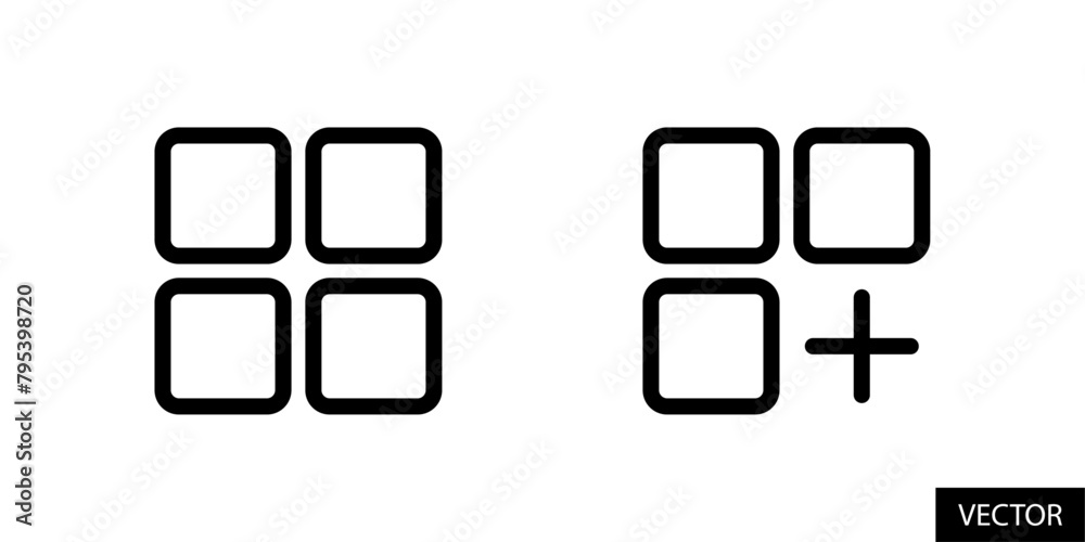 Poster 2x2 grid squares, category, menu with add option, plus sign vector icons in line style design for we