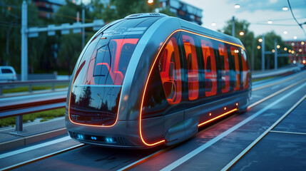 Sleek futuristic tram in twilight cityscape - obrazy, fototapety, plakaty