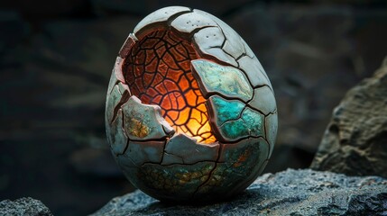 A glowing dragon egg sits on a bed of rocks.