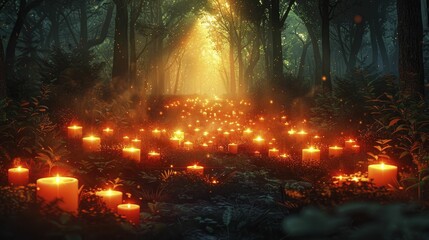 Illustration of a silent candlelight vigil held in a forest, with shadows casting stories of the fallen, Memorial Day. - obrazy, fototapety, plakaty