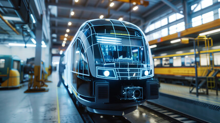 Futuristic train with digital overlay in a manufacturing facility