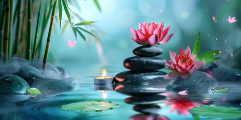 Obraz na płótnie Canvas The spa background features bamboo, pink lotus flowers and black stones stacked on water background, zen, peaceful