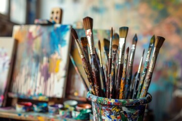 Obraz premium Many brushes in a cup on a table. Art studio background 