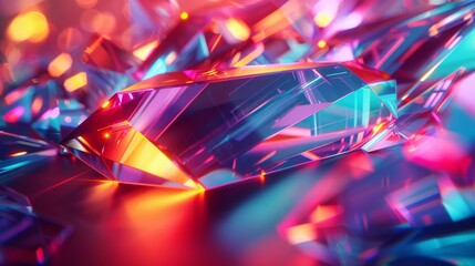 A glowing pink and blue crystal on a reflective surface.
