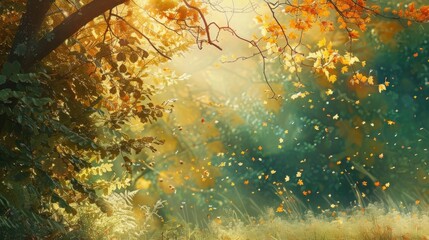 Fototapeta na wymiar Fall Nature Background. Abstract Green Landscape Texture with Autumn Light