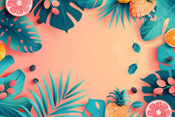 Tropical background with oranges, grapefruits, and palm leaves. Flat lay backdrop with copy space