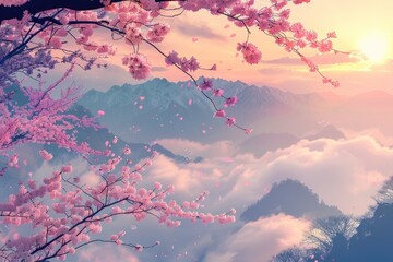 Sunrise Spring. Beautiful Mountain Landscape with Blooming Blossoms and Colorful Clouds