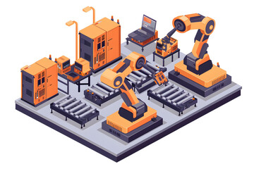Factory image & Factory robot arm, which shows automation equipment.
Metal Factory, automated machine, workers adjusting the machinery, work on progress factory.