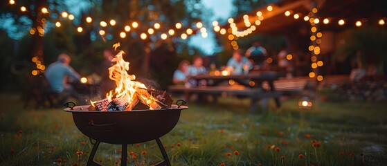 Warm Summer Night with Campfire and String Lights in a Backyard Gathering - Generative AI