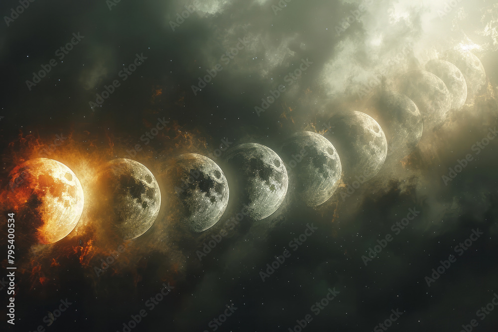 Poster A series of celestial events like solar and lunar eclipses, portrayed in sequence across the canvas,