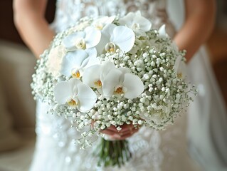 Bride Holding Elegant White Orchid and Baby's Breath Bouquet - Generative AI - Powered by Adobe