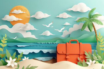 A vacation-themed illustration featuring a suitcase placed on top of a sandy beach. The image captures the essence of travel and relaxation