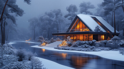 An A-frame cabin emanates a golden hue, contrasting the blue twilight of a snow-covered forest.