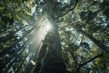 Bottom-up view to massive tall banyan body. Beautiful simple AI generated image in 4K, unique.