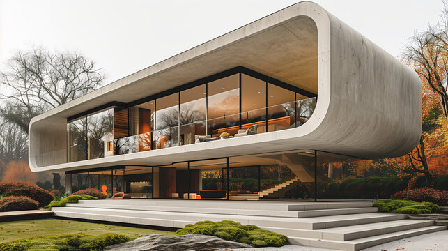 This avant garde villa marries concrete's stark beauty with vast glass facades, nestled amidst autumnal trees a modern sanctuary.
