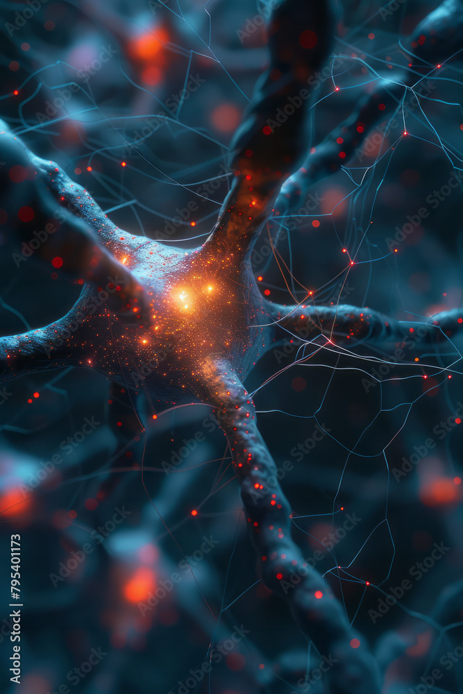 Fototapete A simulation of a neural lace, brain-computer interfaces woven together in a complex web,