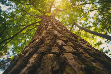 Fototapeta premium Low-angle shot of a tall tree growing in a forest on a sunny day. Beautiful simple AI generated image in 4K, unique.