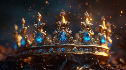 A golden crown adorned with blue jewels on a dark background