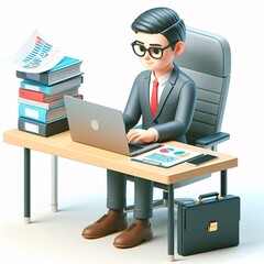 3D business man sitting at the desk with a laptop and a briefcase.