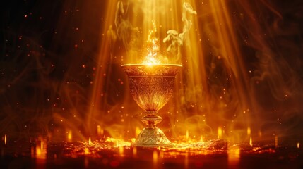 A golden goblet with a mystical fire inside it.