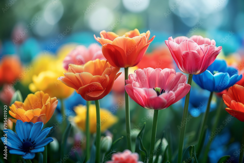 Poster a spring garden bokeh, flowers in the foreground with a wash of colors diffused in the background,