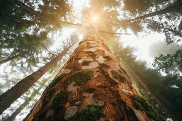 Low-angle shot of a tall tree growing in a forest on a sunny day. Beautiful simple AI generated image in 4K, unique. - obrazy, fototapety, plakaty