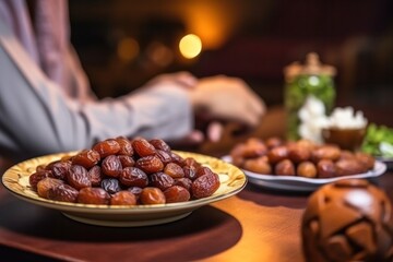 Close-up of a Muslim family eating dates after a meal on the dining table.