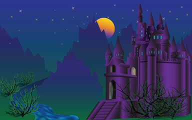 purple vector castle big with river and mountains, moonlight night - obrazy, fototapety, plakaty