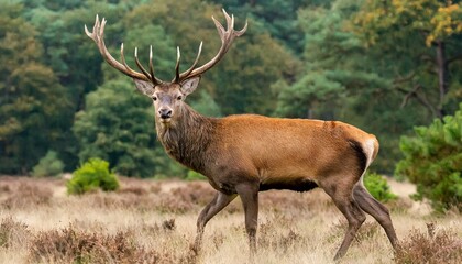red deer stag in rutting season in the forest of national park hoge veluwe in the netherlands