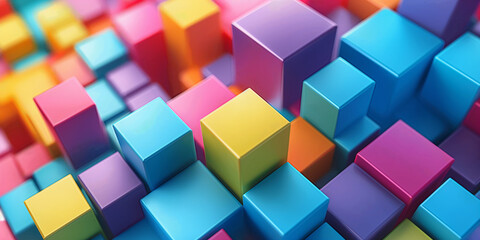 Abstrakte Elemente als Viereck und Würfel in bunten Farben als Hintergrundmotiv für Webdesign im Querformat für Banner, ai generativ