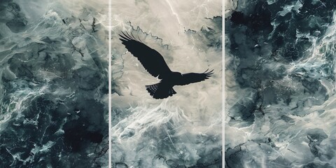 Chic three panel wall art with a silhouette of a hawk on a stormy grey and blue marble effect