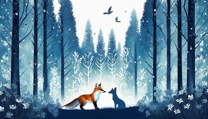 horizontal banner of forest landscape fox and squirrel in magic misty forest silhouettes of trees and animals blue and white background illustration bookmark