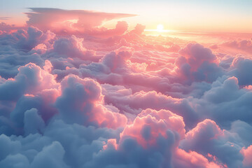 A tapestry of clouds at sunset, their soft edges dyed pink and gold, offering a dreamscape backdrop,