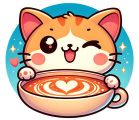 Charming Orange Tabby Cat with a Wink and a Latte with Heart-Shaped Foam