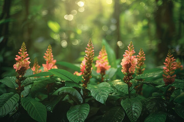 A tropical rainforest underbrush scene, lush and dense with exotic flowers and foliage, - obrazy, fototapety, plakaty