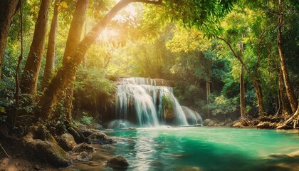 panoramic beautiful deep forest waterfall in thailand