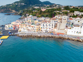 Aerial view of Ischia bridge and Aragonese castle. Ischia an island in Naples