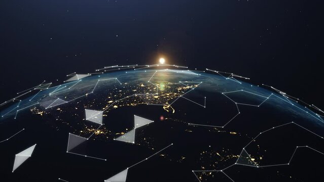Night and day Planet Earth with global communication plexus lines.Perfect for digital media, data exchange visualization and innovation. Celebrate World Telecommunication and Information Society Day