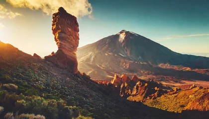 Poster pico del teide with famous roque cinchado rock formation tenerife canary islands spain © Kira
