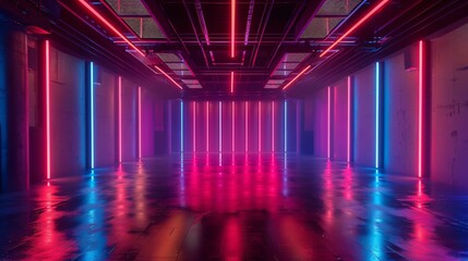 Neon-Infused Industrial Corridor with Reflective Flooring