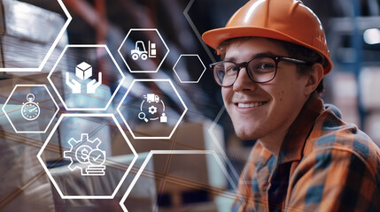 Warehouse employee analyzing interactive digital interface for integrated supply chain management, Concept of business logistics and network operations