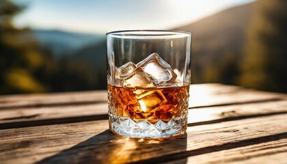 a captivating image of a whiskey glass adorned with ice showcased on a charming rustic wooden table the perfect visual representation of relaxation and elegance