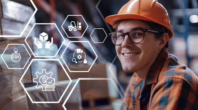 Warehouse employee analyzing interactive digital interface for integrated supply chain management, Concept of business logistics and network operations - Powered by Adobe