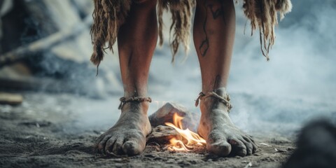 The legs of a prehistoric tribal leader. Stand by the fire near the cave dwelling. early human society - Powered by Adobe