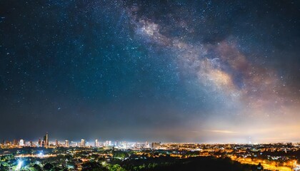 epic cityscape image of city skyline at night with stars of milky way galaxy on the sky
